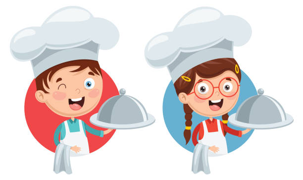 illustrazioni stock, clip art, cartoni animati e icone di tendenza di illustrazione vettoriale di chef kid cooking - chef