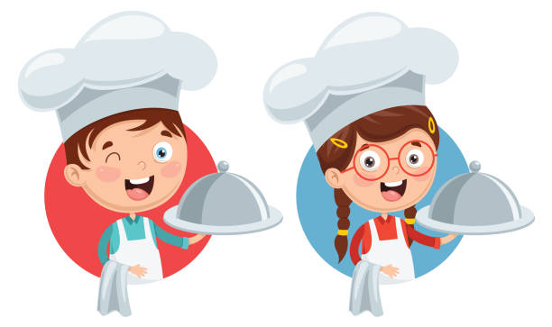 Vector Illustration Of Chef Kid Cooking Vector Illustration Of Chef Kid Cooking cooking utensil domestic kitchen kitchen utensil chef stock illustrations