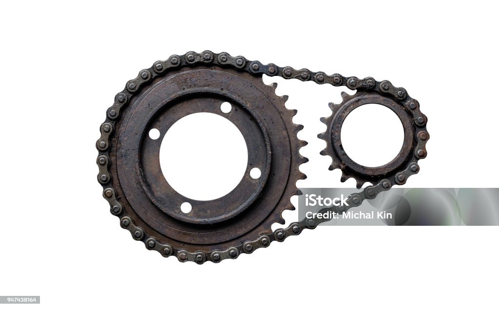 Old rusty chain gear, small and large collars. Isolated on a white background Gear - Mechanism Stock Photo