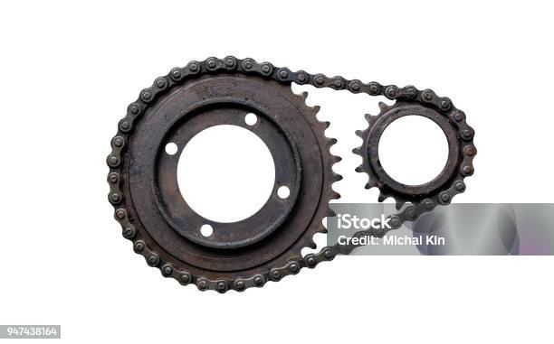 Old Rusty Chain Gear Small And Large Collars Isolated On A White Background Stock Photo - Download Image Now