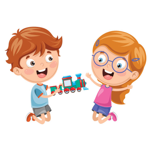 ilustrações de stock, clip art, desenhos animados e ícones de vector illustration of kids playing with toy - smiling aeroplane