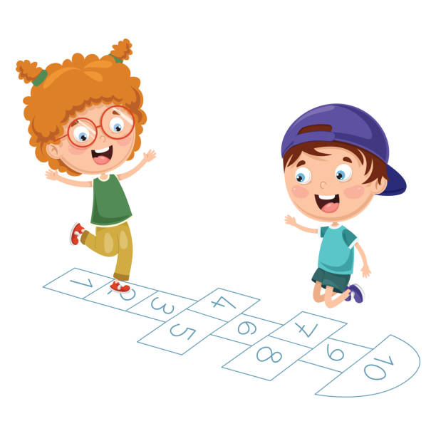 ilustraciones, imágenes clip art, dibujos animados e iconos de stock de vector ilustración de niños jugando rayuela - little girls sidewalk child chalk