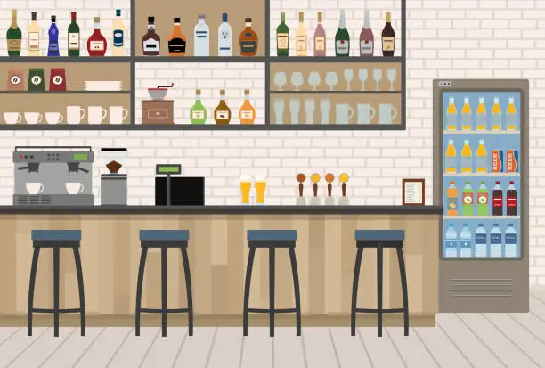 Vector illustration of Empty Cafe Bar interior with wooden counter, chairs and equipment.