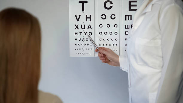 istock Ophthalmologist checking patient eyesight, pointing letters, eyes examination 947450544