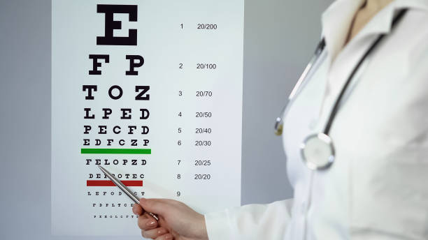 istock Optometrist pointing at small letters on checkup table in clinic, eyes disease 947451168