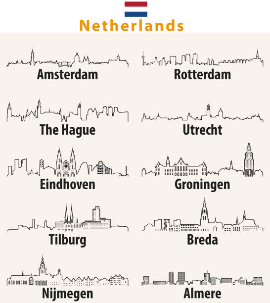stockillustraties, clipart, cartoons en iconen met vector overzicht pictogrammen van nederlandse steden skylines - groningen