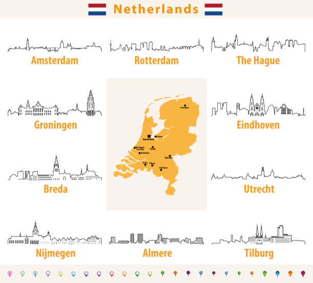 stockillustraties, clipart, cartoons en iconen met vector overzicht pictogrammen van nederlandse steden skylines - den haag