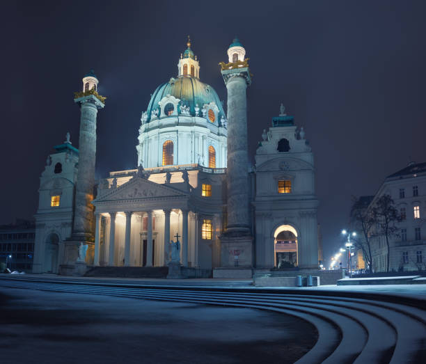 Night view of Karlskirche (church of St. Charles) in Vienna under snow, panoramic image