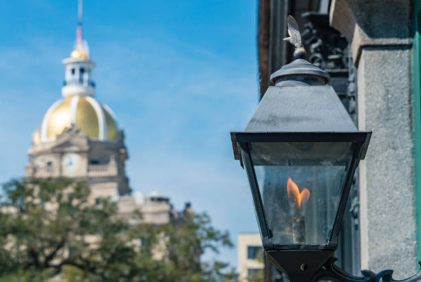 One of the many gas lanterns in Savannah's historic district with the beautiful golden dome of the city hall in the background.