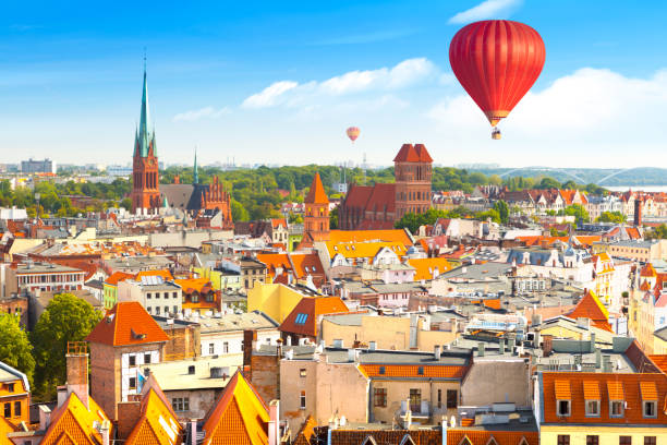 Aerial panoramic view of historical buildings and roofs in Polish medieval town Torun Aerial panoramic view of historical buildings and roofs in Polish medieval town Torun, Poland gdansk city stock pictures, royalty-free photos & images