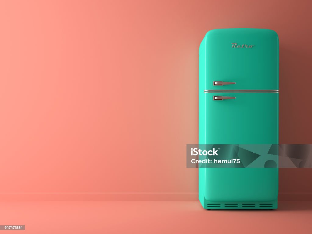 Rosa Interieur mit blauen Kühlschrank 3D illustration - Lizenzfrei Kühlschrank Stock-Foto