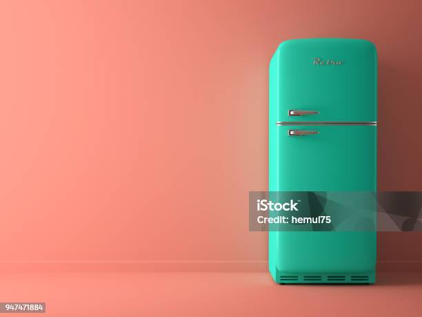 Rosa Interieur Mit Blauen Kühlschrank 3d Illustration Stockfoto und mehr Bilder von Kühlschrank
