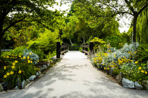 Garden Walkway with Landscaped Flowers A walkway in a landscaped garden. garden path stock pictures, royalty-free photos & images