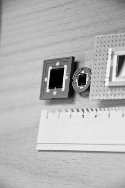 Monochrome Image of A Ruler and Optical Sensors For Radiation Imaging Photodiode - Optical Sensor for Research and Development photodiode stock pictures, royalty-free photos & images