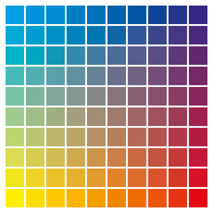 cmyk color chart to use in prepress and printing. Used to pick color swatches. Cyan, yellow and magenta are base colors and others has been created combining them. tints and ink catalog for graphic arts