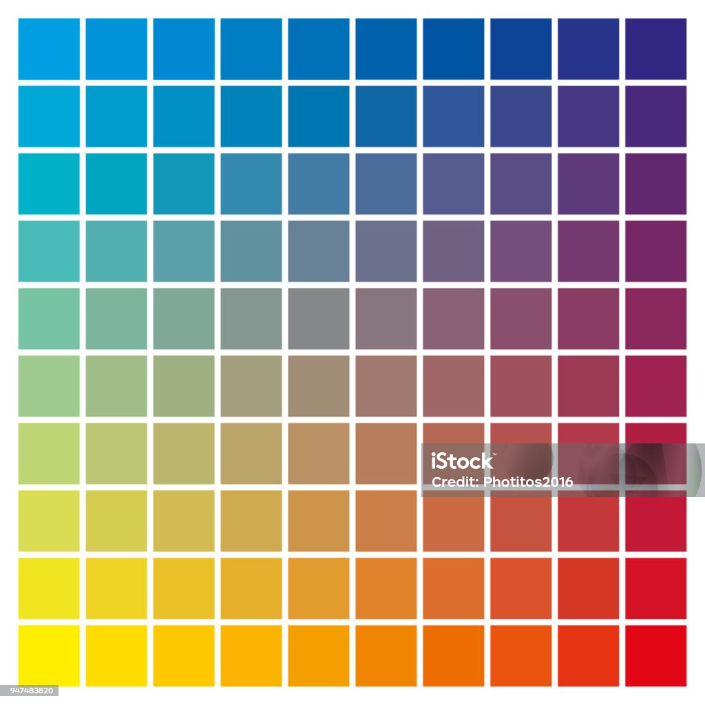 Color chart cyan yellow magenta print production color guide tints catalog cmyk color chart to use in prepress and printing. Used to pick color swatches. Cyan, yellow and magenta are base colors and others has been created combining them. tints and ink catalog for graphic arts Color Swatch stock vector