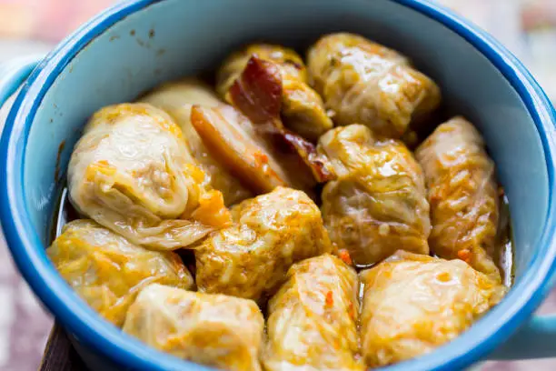 Sarma , traditional Balkan and Eastern European holiday food - rolled up cabbage leaves stuffed with rice and minced meatSarma , traditional Balkan and Eastern European holiday food - rolled up cabbage leaves stuffed with rice and minced meat