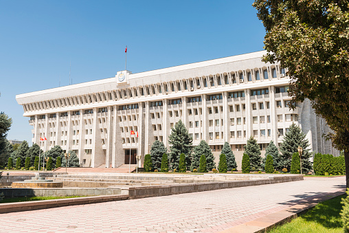 Government of Kyrgyzstan building against clear blue sky, Bishkek