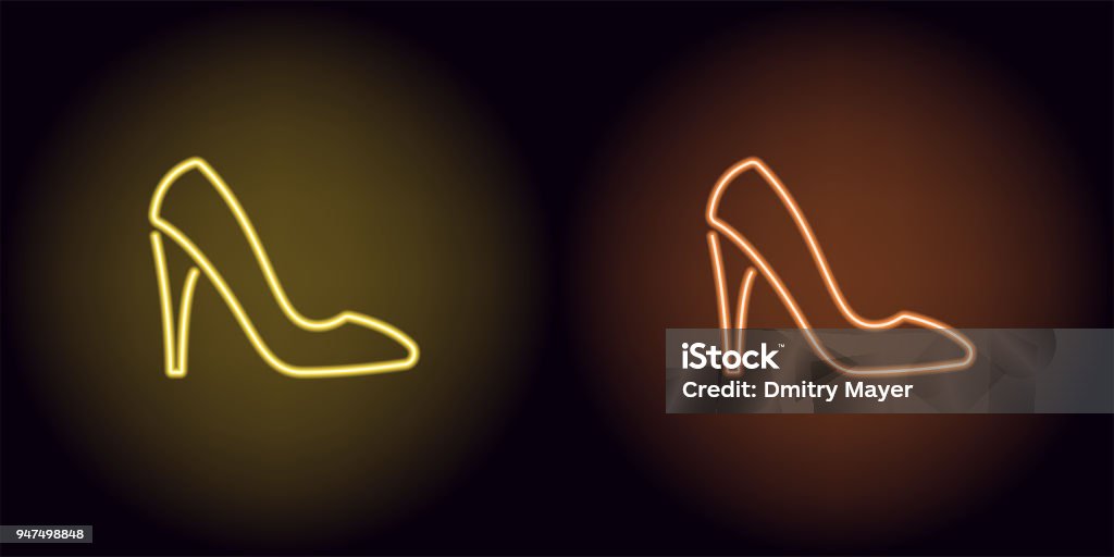Neon women shoe in yellow and orange color Neon women shoe in yellow and orange color. Vector illustration of women shoe with high heel consisting of neon outlines, with backlight on the dark background Beauty stock vector