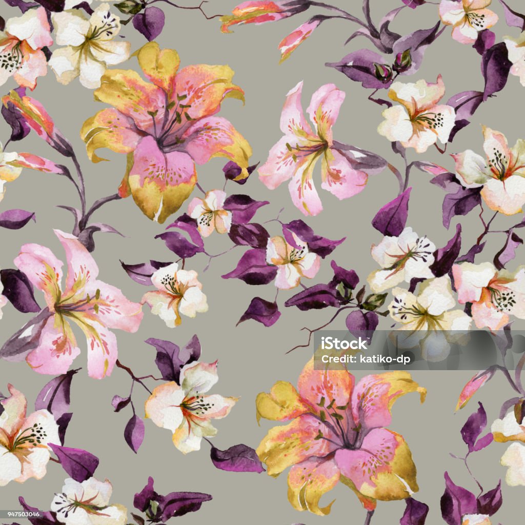 Beautiful tiger lilies and small white flowers on twigs against light background. Seamless floral pattern. Watercolor painting. Hand painted illustration. Beautiful tiger lilies and small white flowers on twigs against light background. Seamless floral pattern. Watercolor painting. Hand painted illustration. Fabric, wallpaper design. Animal Body Part stock illustration