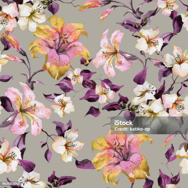Beautiful Tiger Lilies And Small White Flowers On Twigs Against Light Background Seamless Floral Pattern Watercolor Painting Hand Painted Illustration Stock Illustration - Download Image Now