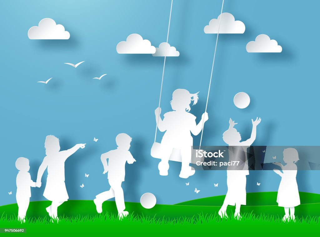 Happy Children Playing. Paper cut style Child stock vector