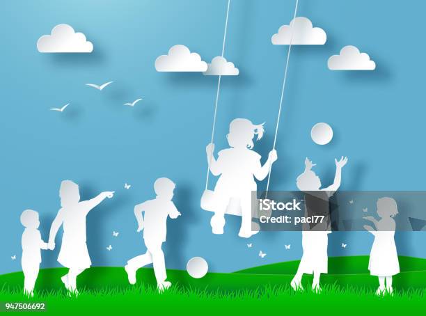 Happy Children Playing Paper Cut Style Stock Illustration - Download Image Now - Child, Papercutting, People