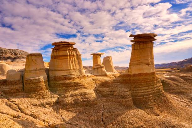 Hoodoos in the Badlands in Alberta Hoodoo formations in dry, sandy climate of Drumheller, Alberta eroded stock pictures, royalty-free photos & images
