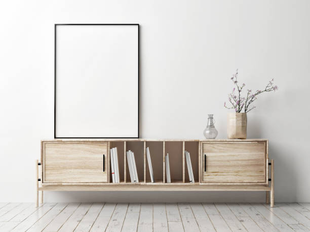 istock Mock up poster with wooden TV stands, 947526174