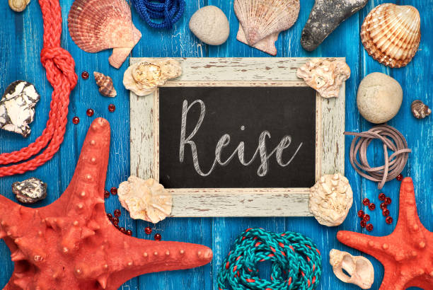 istock Blackboard With Maritime Decorations on dark blue wood, text 947527028
