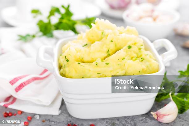 Mashed Potato Potato Mash With Garlic And Parsley Boiled Potato Potato Puree Stock Photo - Download Image Now