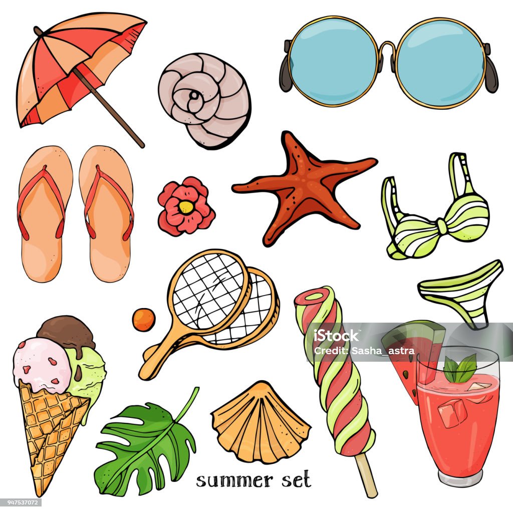 Summer set on the theme of beach holidays and summer meals. Colorful beach items in sketch style. Summer set on the theme of beach holidays and summer meals. Colorful beach items in sketch style on white background. Vector illustration Ice Cream stock vector