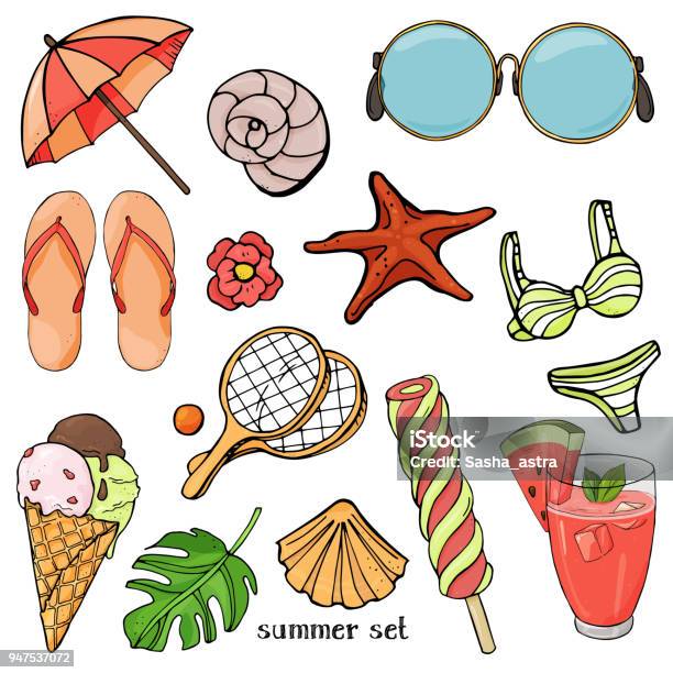 Summer Set On The Theme Of Beach Holidays And Summer Meals Colorful Beach Items In Sketch Style Stock Illustration - Download Image Now