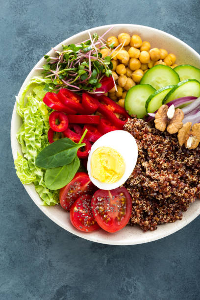 istock Buddha bowl dish with boiled egg, chickpea, fresh tomato, sweet pepper, cucumber, savoy cabbage, red onion, green sprouts, spinach leaves, chia and quinoa 947540082