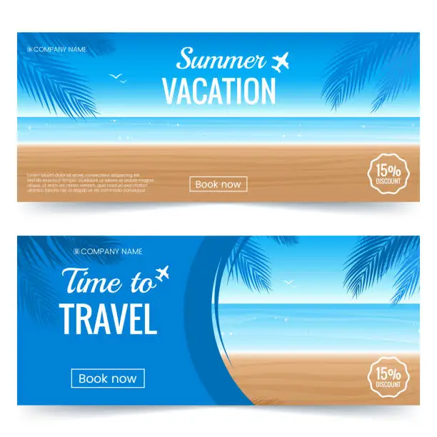 Vector illustration of Summer vacation horizontal banner. Colorful Background with beach, palm leaves and sea. Travel offer template. Coupon with summer decoration. Vector eps 10.