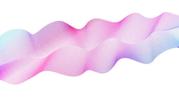 Vector illustration of Flowing wave pattern on white background. Vector abstract purple, pink, blue wave. Line art vibrant design element. Colorful glowing waves, ribbon imitation. EPS10 illustration