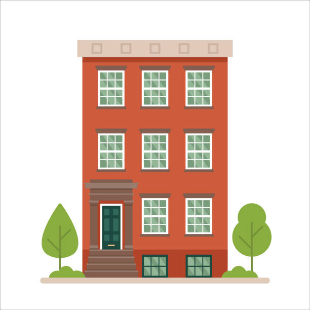 Urban family home classic brownstone building vector illustration Flat vector illustration of urban family home/ classic apartment building isolated on white background. apartment stock illustrations