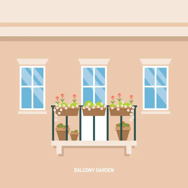 Vector illustration of Balcony decorated with potted plants building facade flat vector illustration