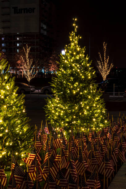 American flags and lighted trees South Boston, Massachusetts, USA - December 22, 2016: Lighted trees and American flags serve as holiday memorial along Seaport Boulevard in South Boston harborwalk stock pictures, royalty-free photos & images