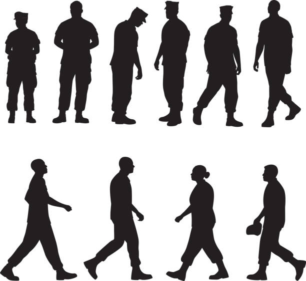 Marine Soldier Silhouettes 2 Vector silhouettes of of a group of 10 marines. soldier stock illustrations