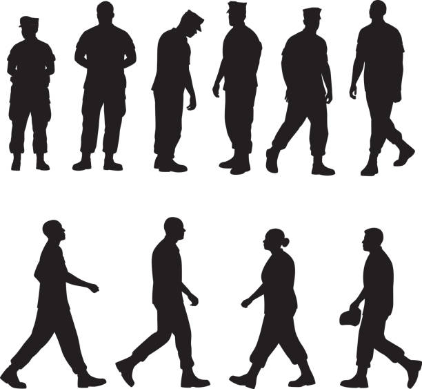 Marine Soldier Silhouettes 2 Vector silhouettes of of a group of 10 marines. officer boots stock illustrations