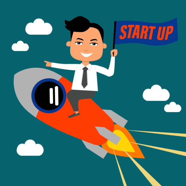 istock Man riding rocket to the sky, business concept cartoon 947623070
