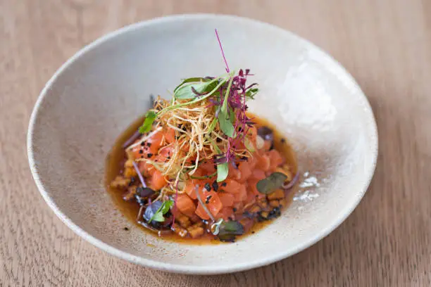 Salmon tartare with persimmon, sweet ponzu and Beluga caviar