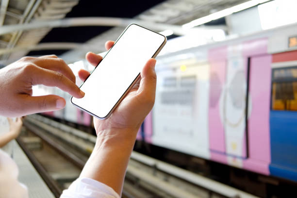 istock Man hand with white screen smartphone 947633610