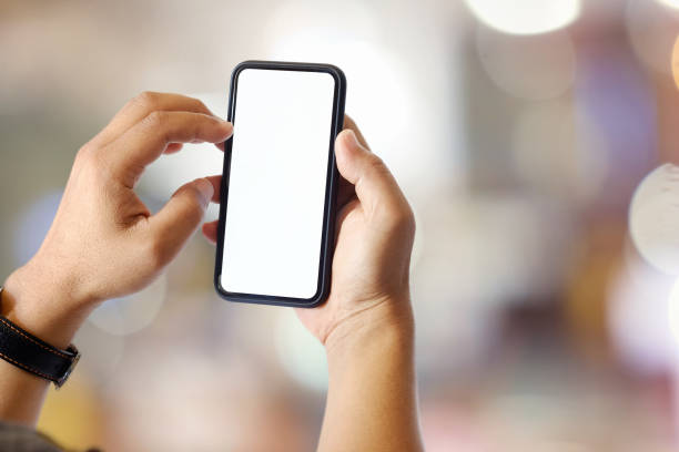 istock Man hand with white screen smartphone 947633612