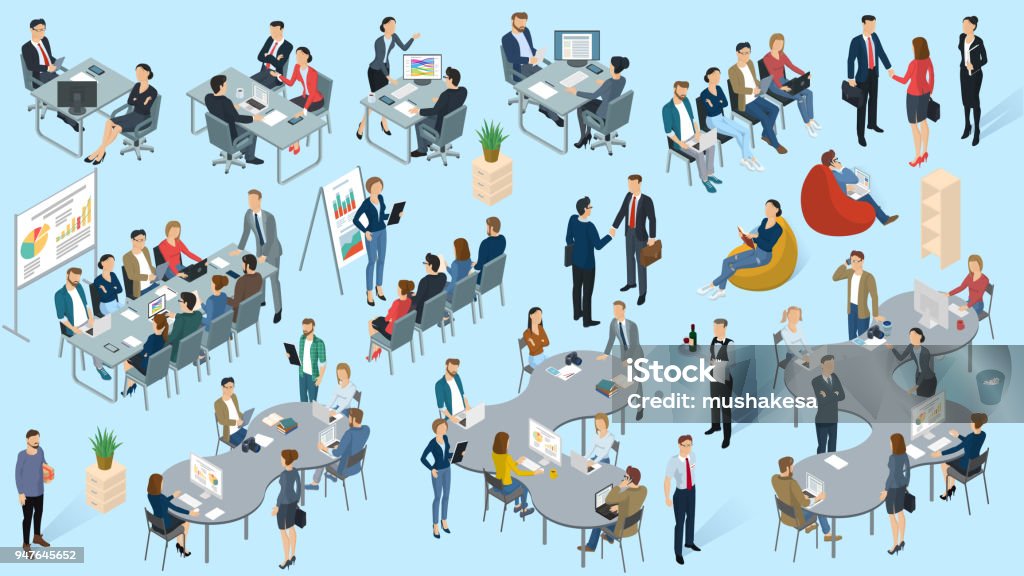 Isometric  vector  office. Isometric 3d flat design vector  office. Standing and sitting business people diverse characters, styles and professions. Isometric acting man and woman  teamwork, front and back view collection Isometric Projection stock vector