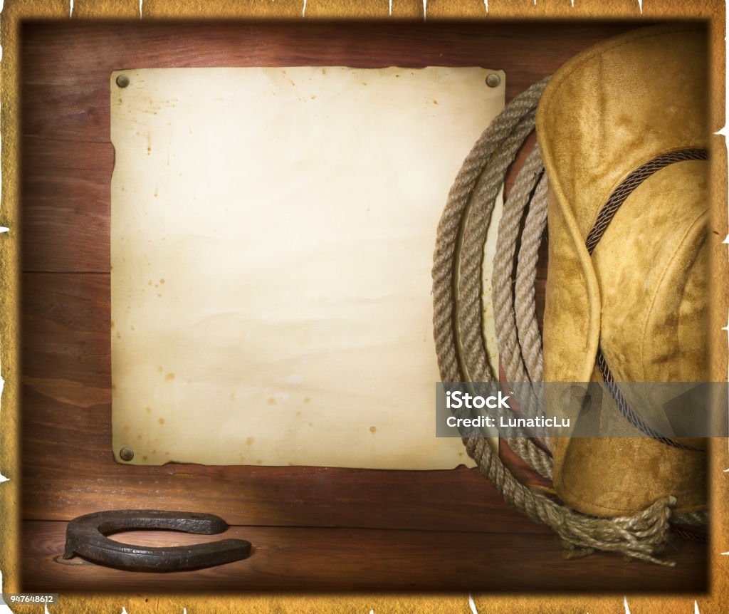 American rodeo cowboy background with western hat and lasso Cowboy American rodeo background with old paper for text Lasso Stock Photo