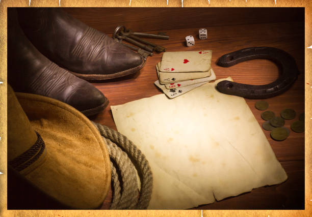 American west background with poker cards and cowboy clothes.Old paper for design