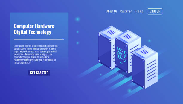 sprzęt komputerowy, serwerownia, szafa serwerowa, technologia cyfrowa, centrum danych, trzy komputery pozostają na ilustracji wektorowej izometrycznej - network server rack data center in a row stock illustrations