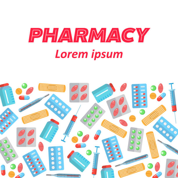 ilustraciones, imágenes clip art, dibujos animados e iconos de stock de iconos planos de cartel de farmacia - pharmacy commercial sign painkiller medicine
